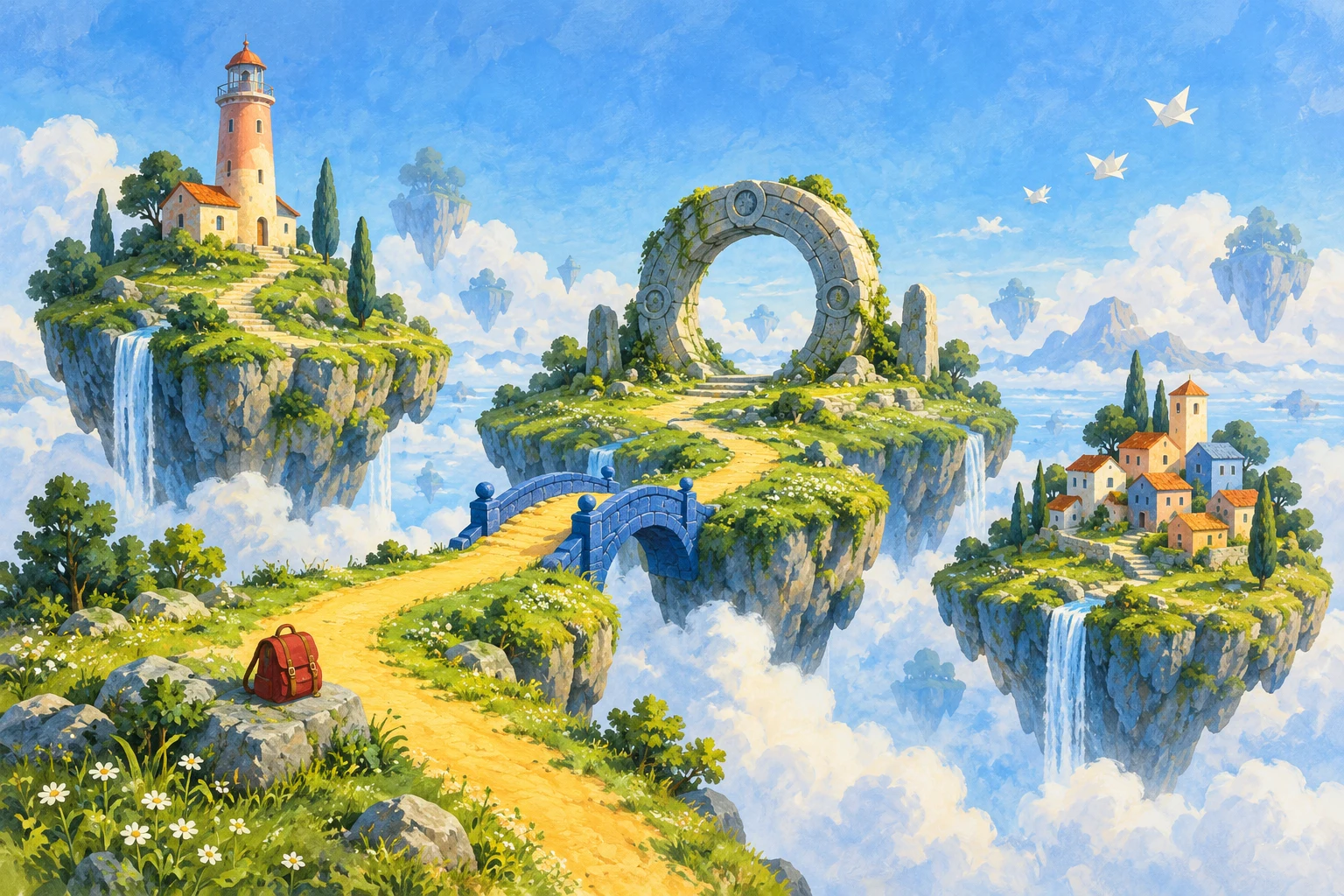 Original painted illustration of floating islands, a small lighthouse and a yellow path through a blue sky